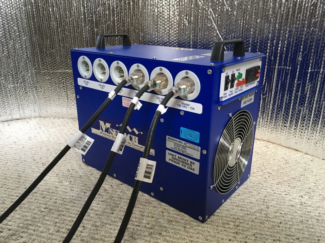 HeatZone electric bed bug heater running inside a room sealed with reflective insulation