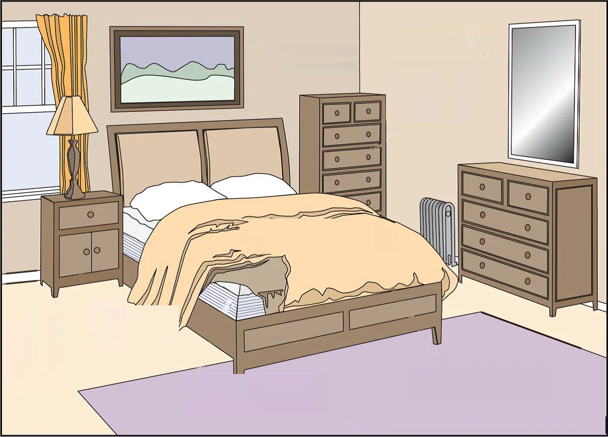 Illustrated bedroom with numbered pins on the eight most common bed bug hiding spots