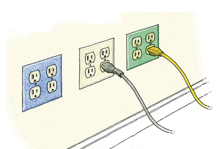 Illustration of three wall outlets with power cords plugged in