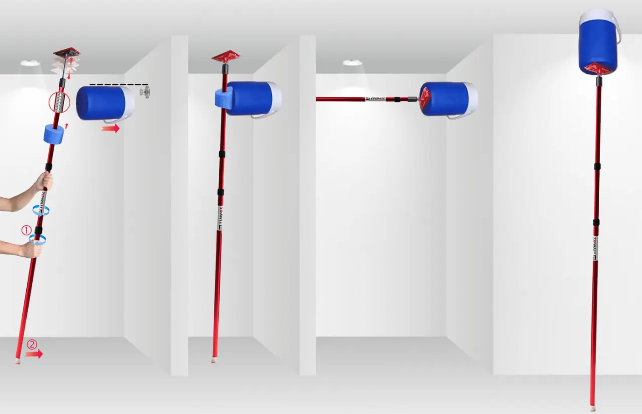 Installing fire sprinkler cooling covers: an insulated cooler of ice-packs held over each sprinkler head on a spring-loaded pole