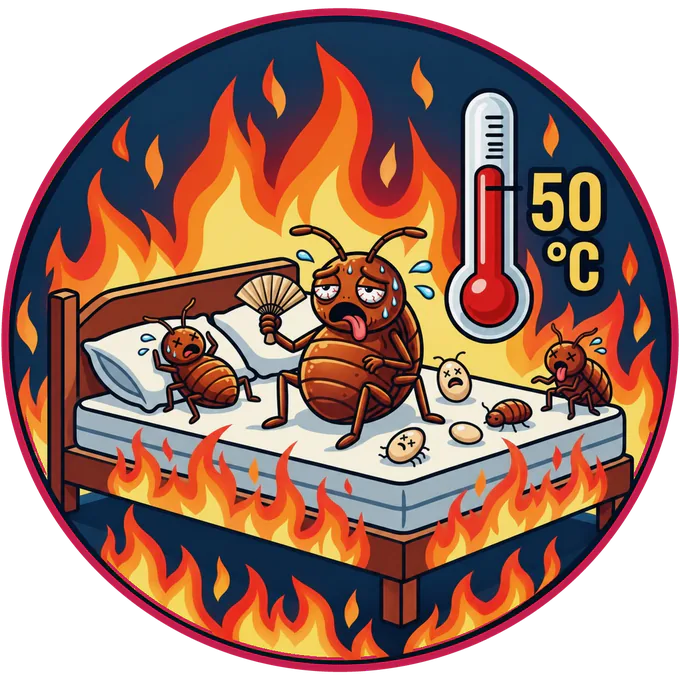 Cartoon of bed bugs overheating on a bed as the room heats up, showing heat killing bed bugs and their eggs