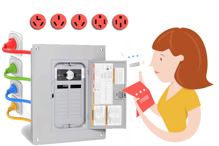 Illustration of a homeowner reading the labels on an open electrical panel, with different wall outlets shown above