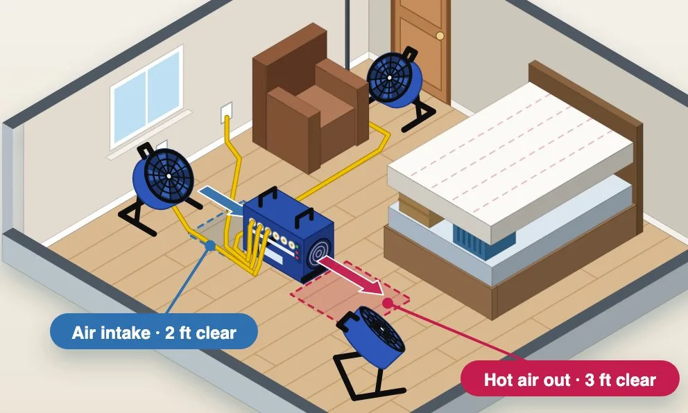 3D view of a bedroom during a heat treatment: a red zone marks 3 feet of clear space in front of the heater’s hot-air outlet and a blue zone marks 2 feet at its air intake, with arrows showing air going in and hot air coming out. The fans stand along the walls and each heater cord runs to its own outlet.