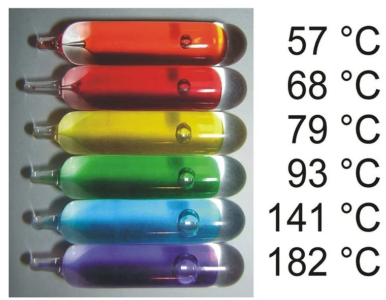 Six sprinkler glass bulbs and the temperature each one opens at: orange 57 °C, red 68 °C, yellow 79 °C, green 93 °C, blue 141 °C, purple 182 °C