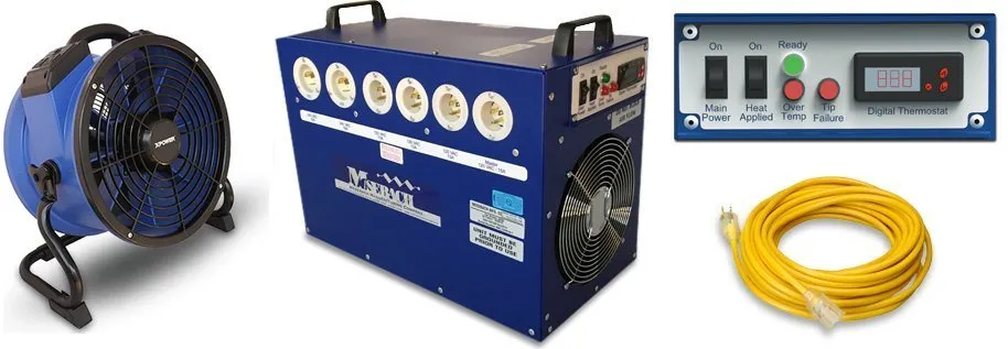 A high-temperature fan, a Mosebach bed bug heater, the heater’s control panel and a heavy-duty extension cord