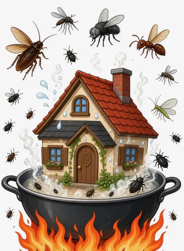 Illustration of a house heated in a pot, driving out bed bugs and other pests